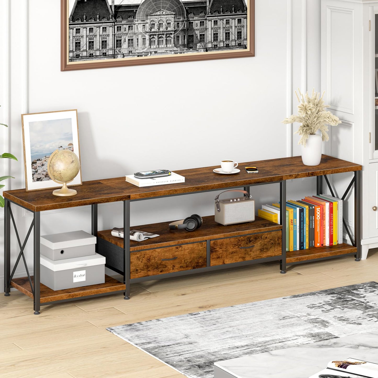 63" Rustic Brown TV Stand for 65–75 Inch TVs – Industrial Entertainment Center with Fabric Drawers