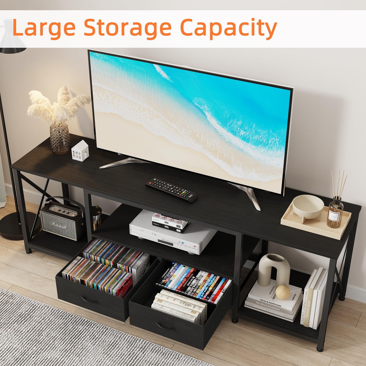 63" Rustic Brown TV Stand for 65–75 Inch TVs – Industrial Entertainment Center with Fabric Drawers