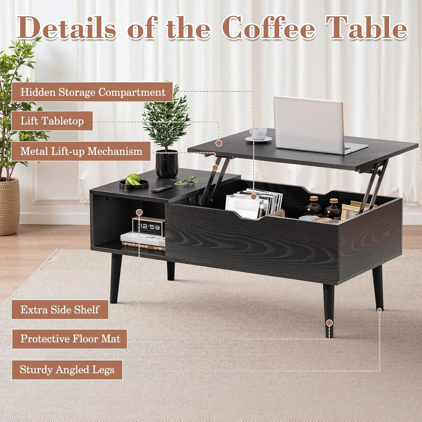 Wood Lift Top Coffee Table with Hidden Compartment and Large Storage Shelf,