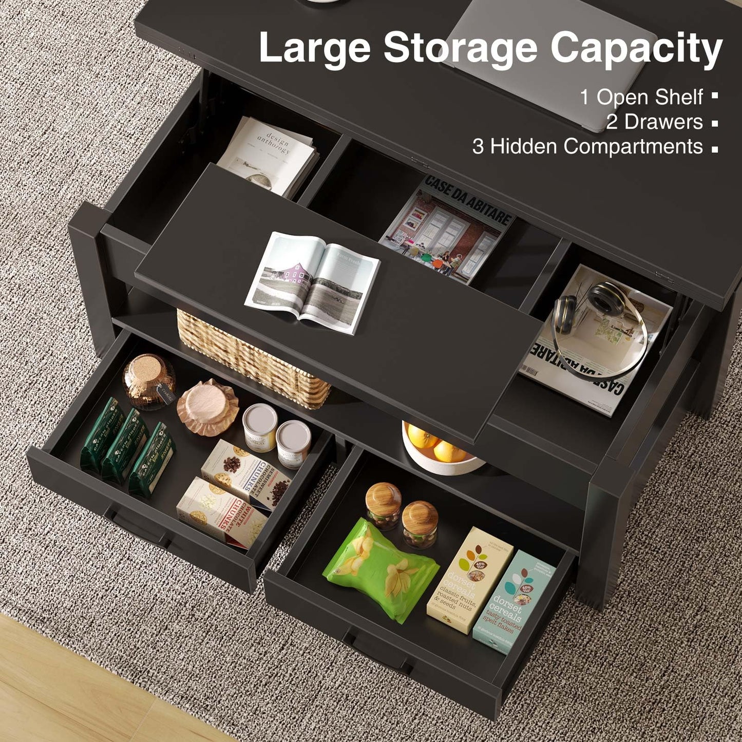 Lift Top Coffee Table – Convertible Espresso Table with Drawers & Hidden Storage,