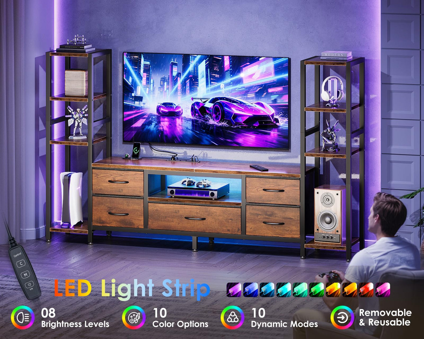 Black TV Stand with LED Lights & Power Outlets, 5 Drawer Entertainment Center for 40–50 Inch TVs