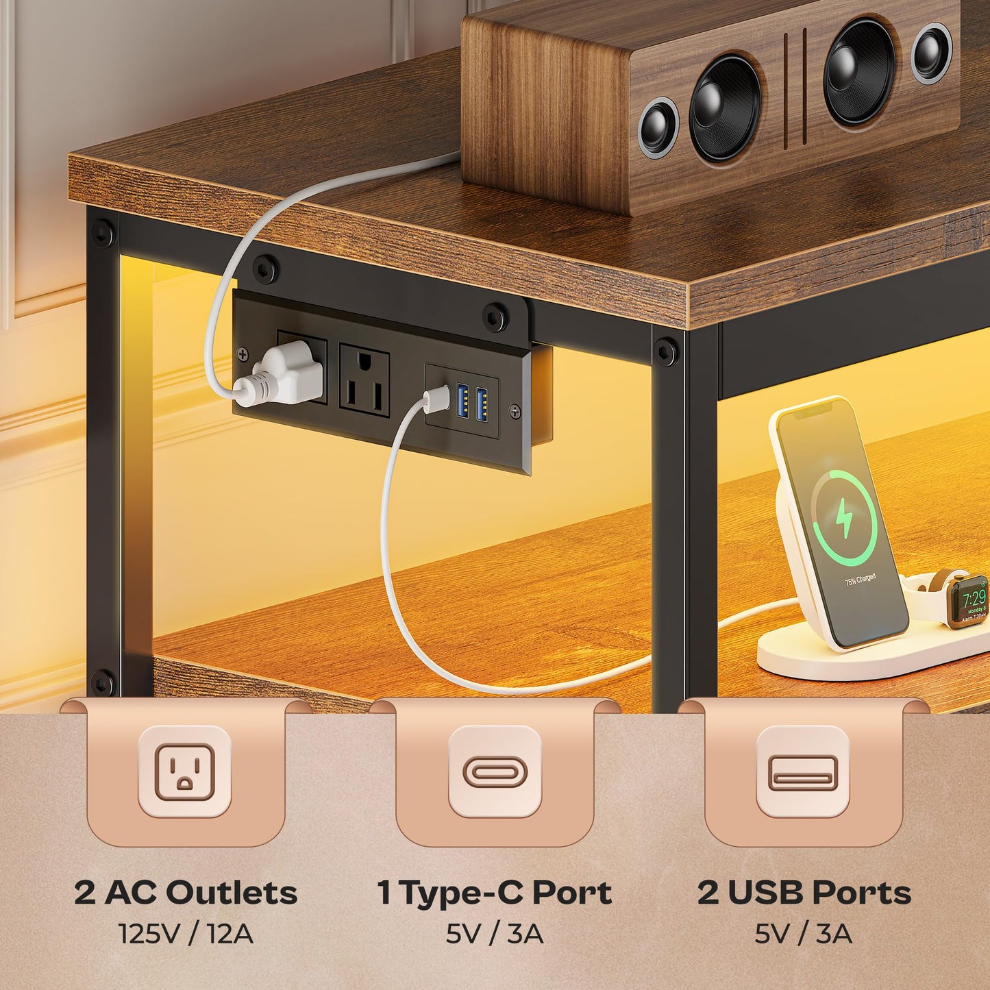63" Black LED TV Stand with Power Outlets – Long Dresser Entertainment Center