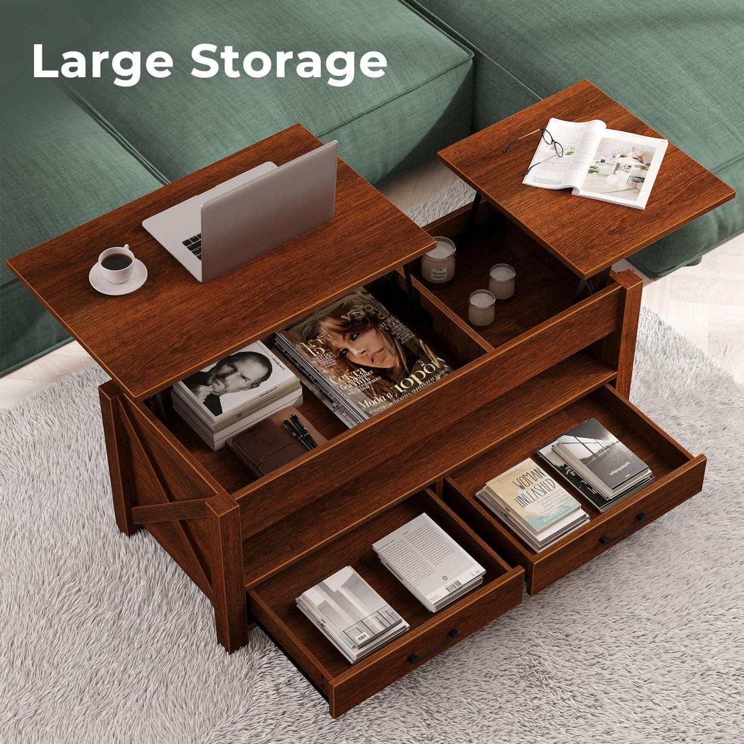 47.2" Black Lift Top Coffee Table – Farmhouse X-Frame Center Table with Hidden Storage & 2 Drawers