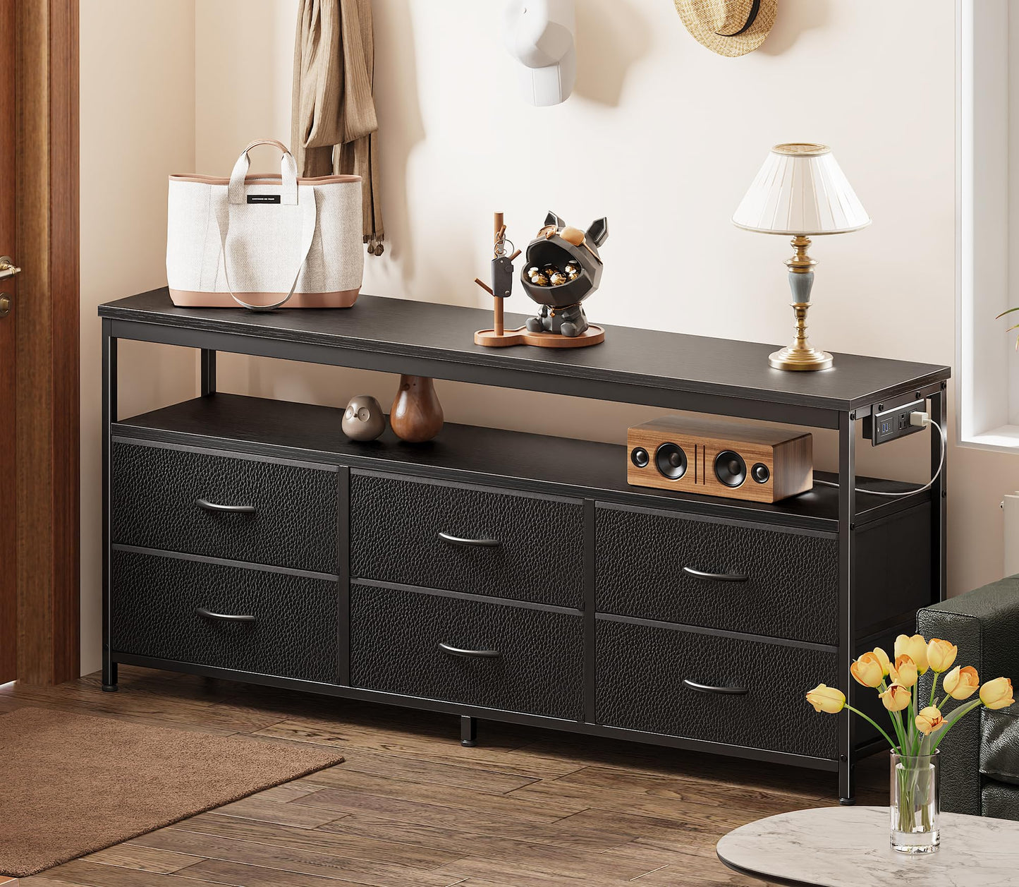 63" Black LED TV Stand with Power Outlets – Long Dresser Entertainment Center