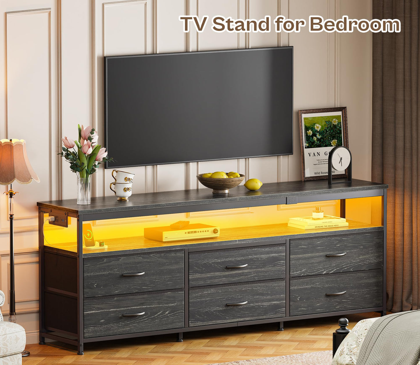 63" Black LED TV Stand with Power Outlets – Long Dresser Entertainment Center