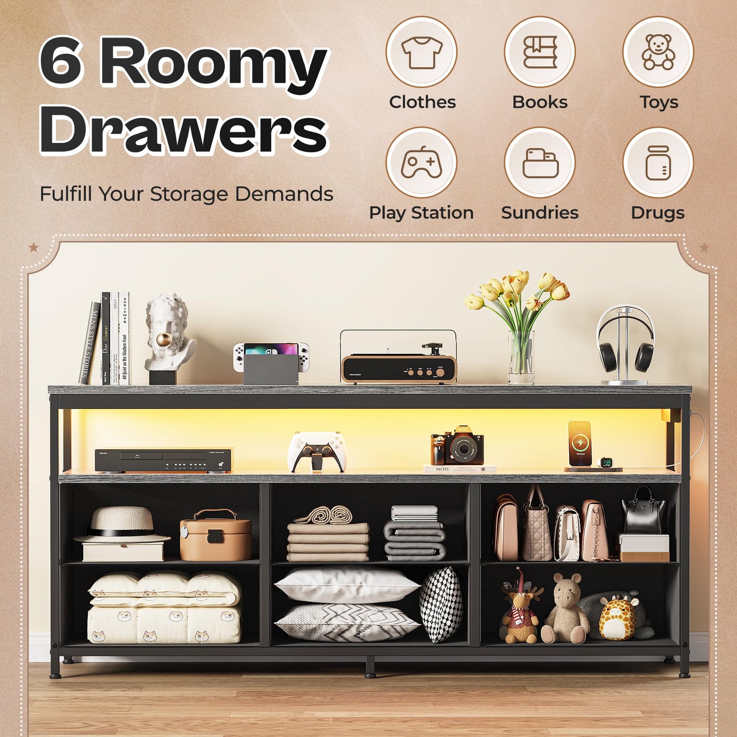 63" Black LED TV Stand with Power Outlets – Long Dresser Entertainment Center