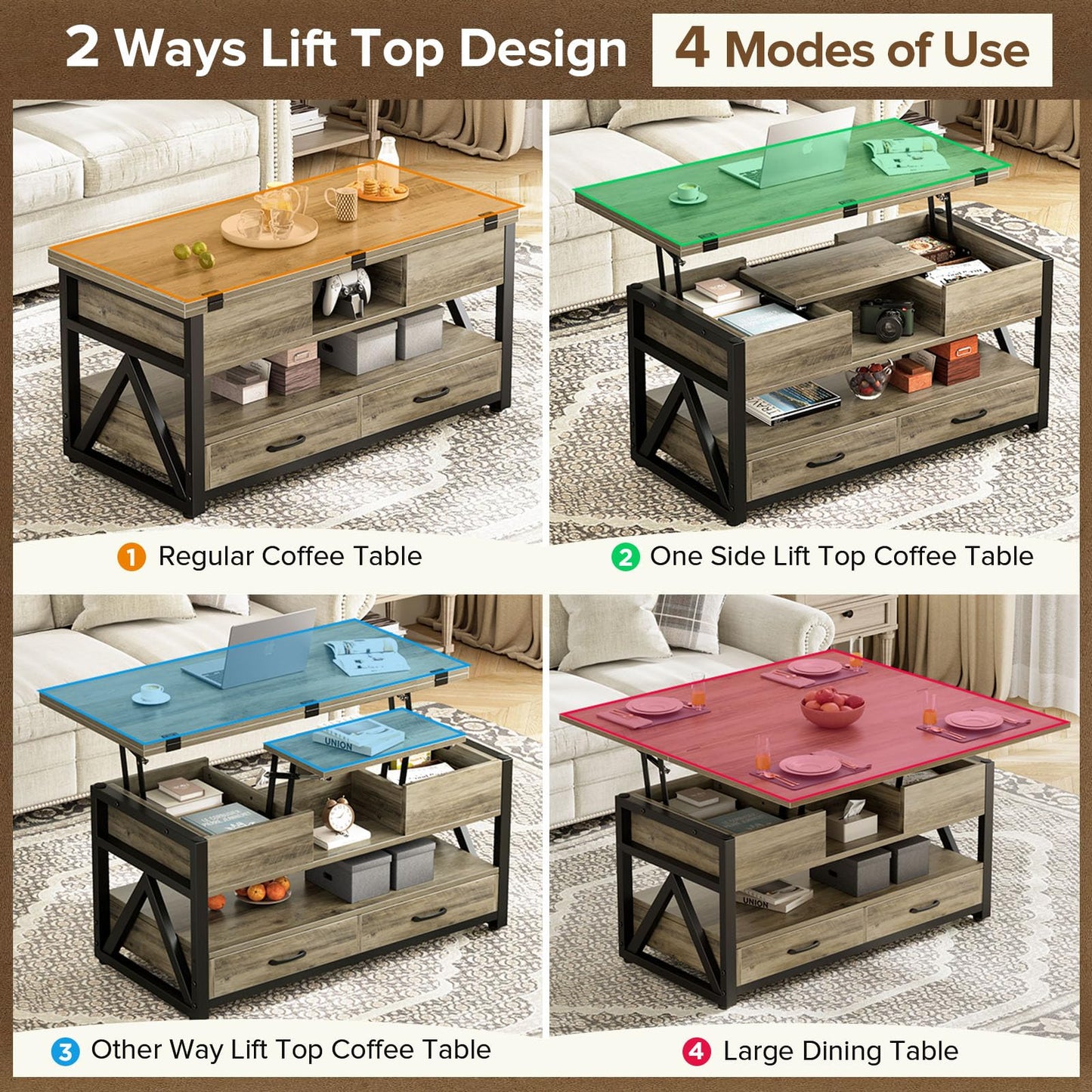 40" Lift Top Coffee Table,4 in 1 Multi-Function Lift Coffee Tables with Storage Drawers