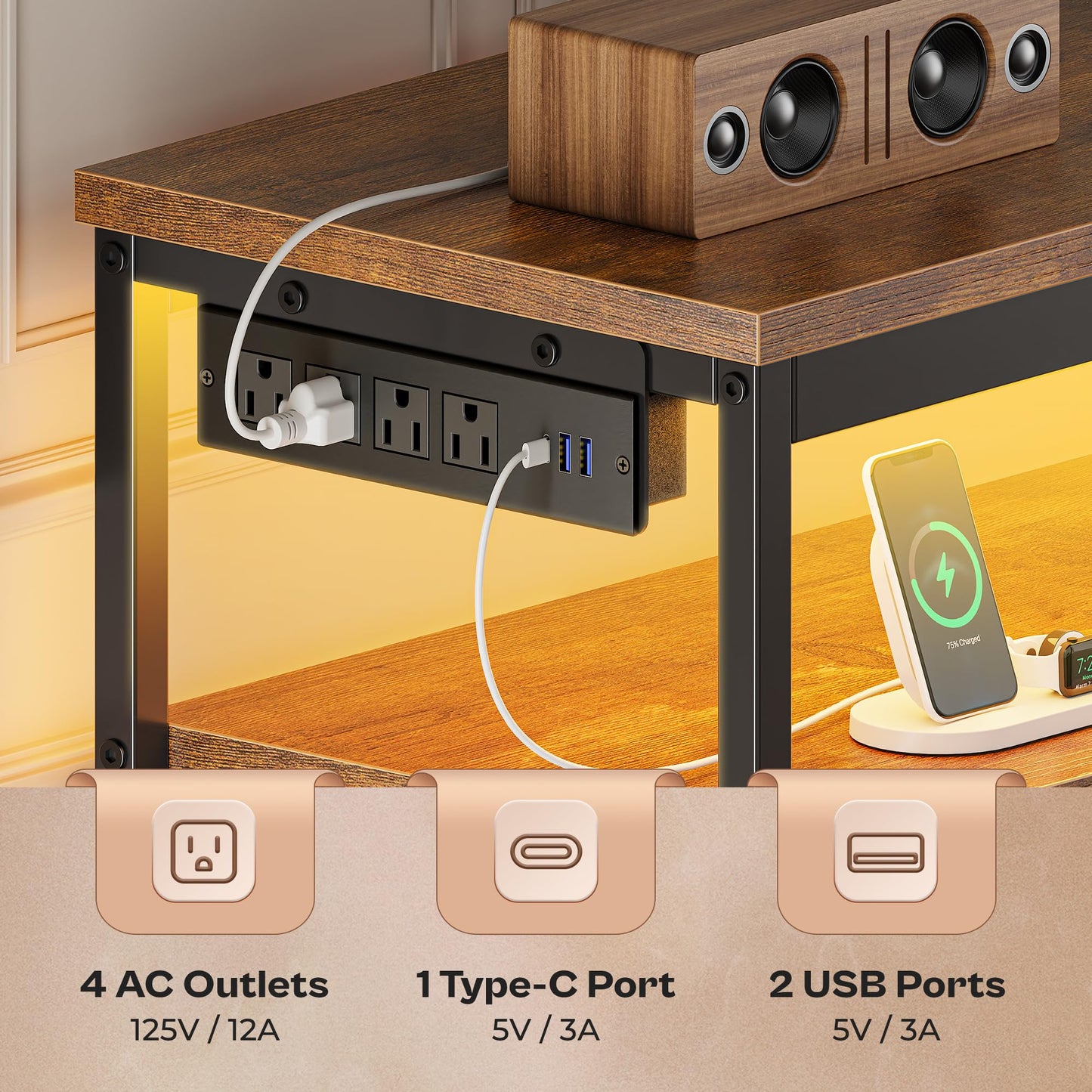 63" Black LED TV Stand with Power Outlets – Long Dresser Entertainment Center