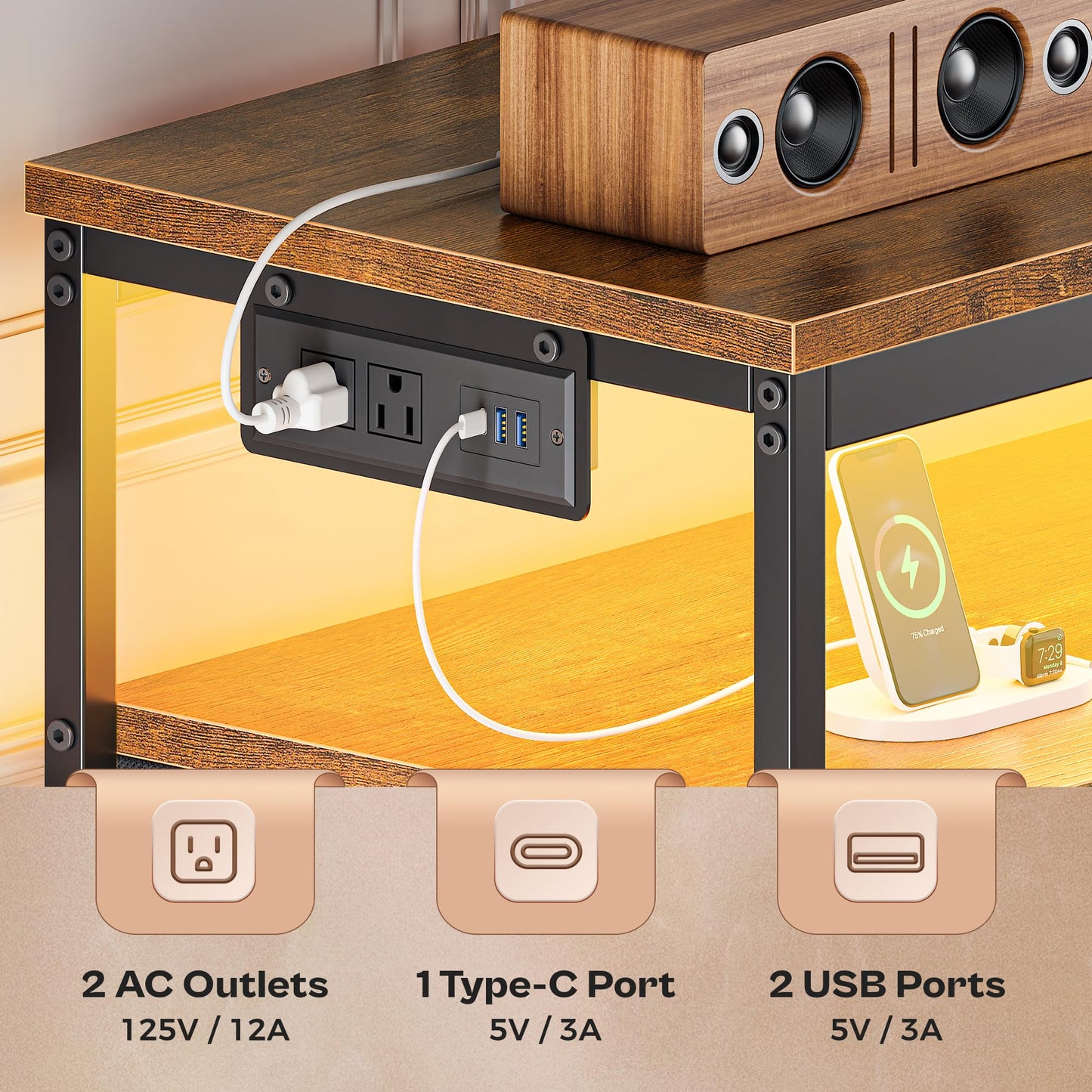 63" Black LED TV Stand with Power Outlets – Long Dresser Entertainment Center