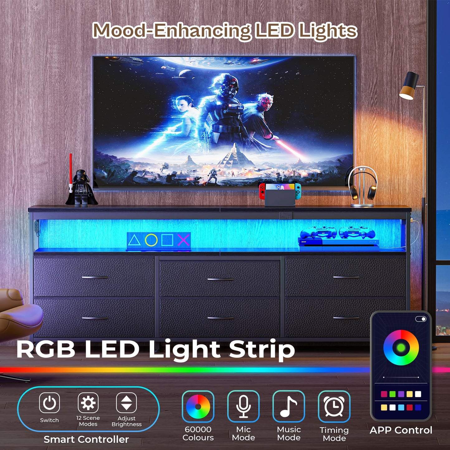 63" Black LED TV Stand with Power Outlets – Long Dresser Entertainment Center