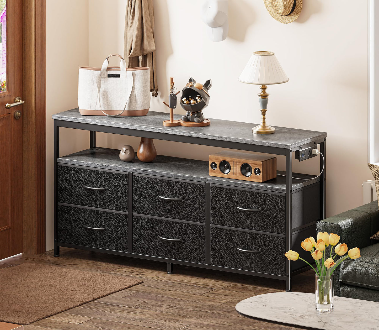 63" Black LED TV Stand with Power Outlets – Long Dresser Entertainment Center