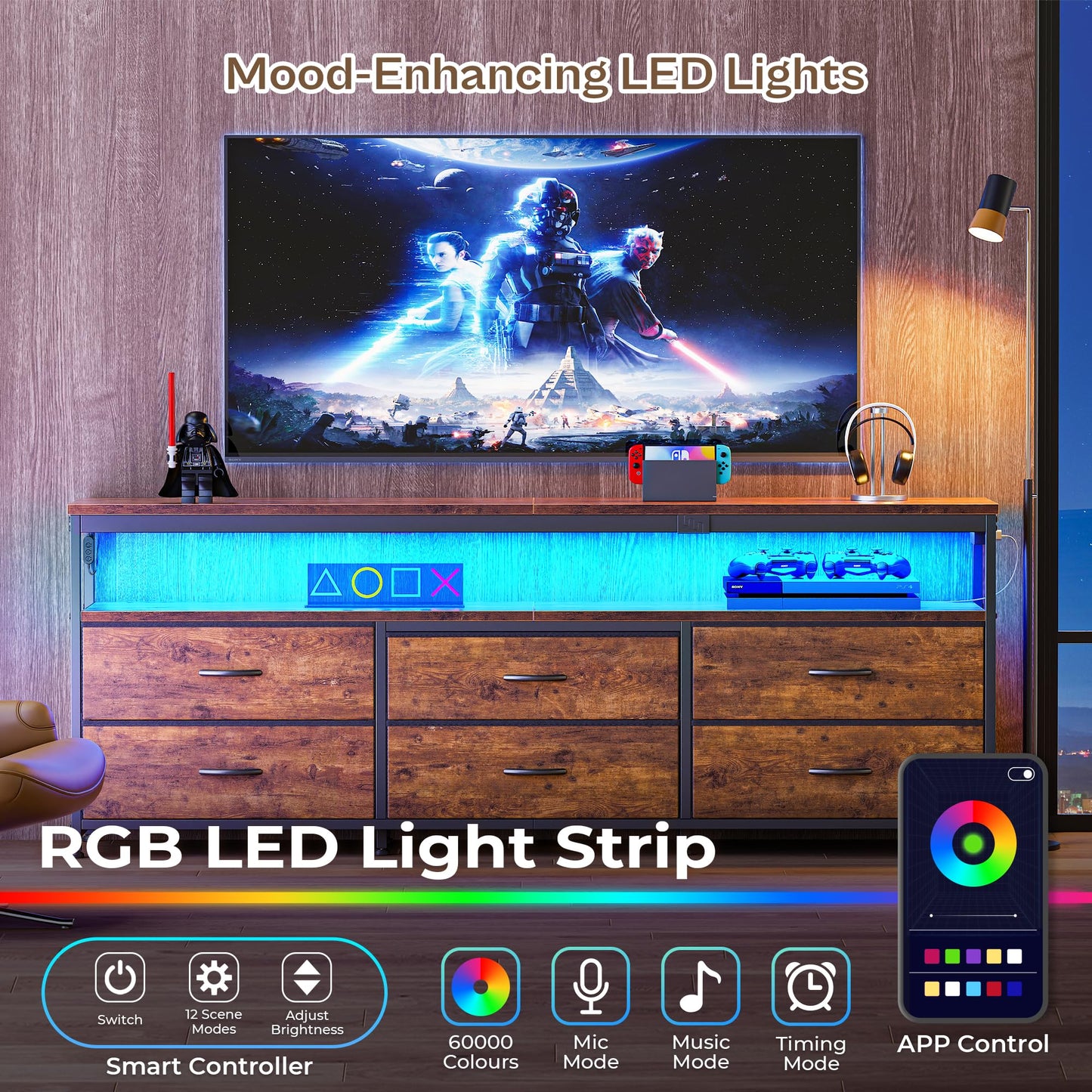 63" Black LED TV Stand with Power Outlets – Long Dresser Entertainment Center