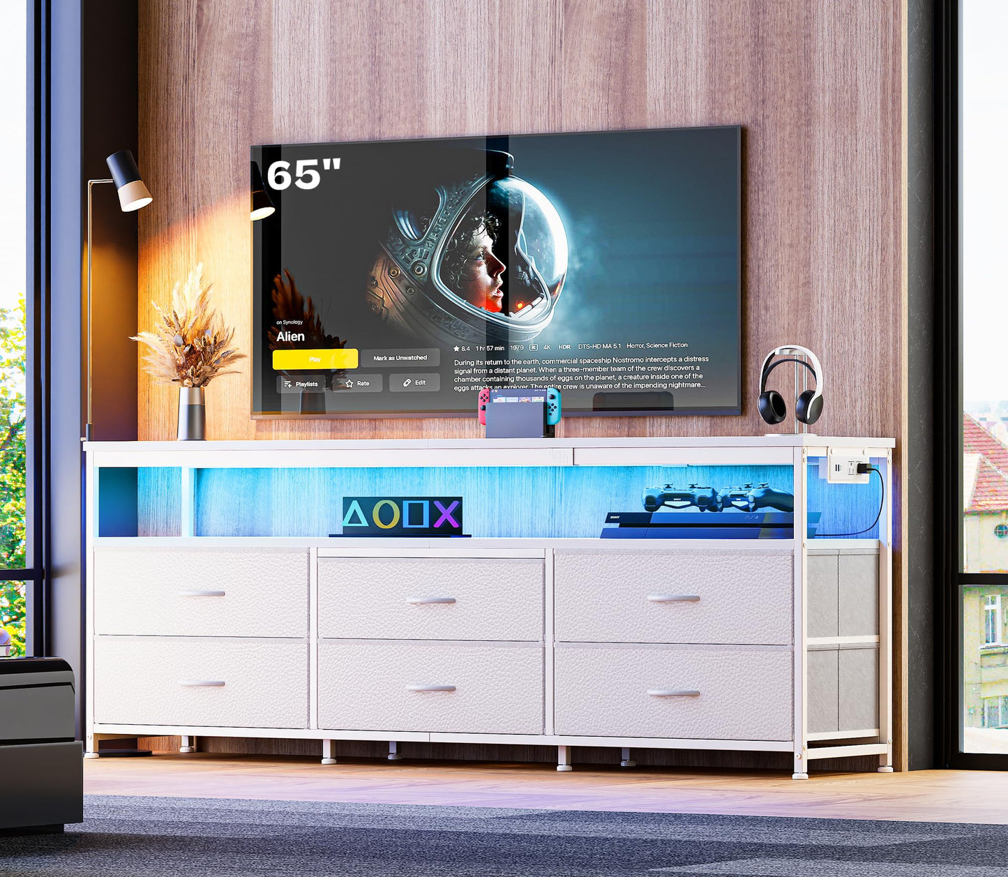 63" Black LED TV Stand with Power Outlets – Long Dresser Entertainment Center