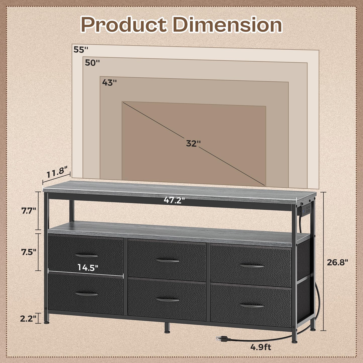63" Black LED TV Stand with Power Outlets – Long Dresser Entertainment Center