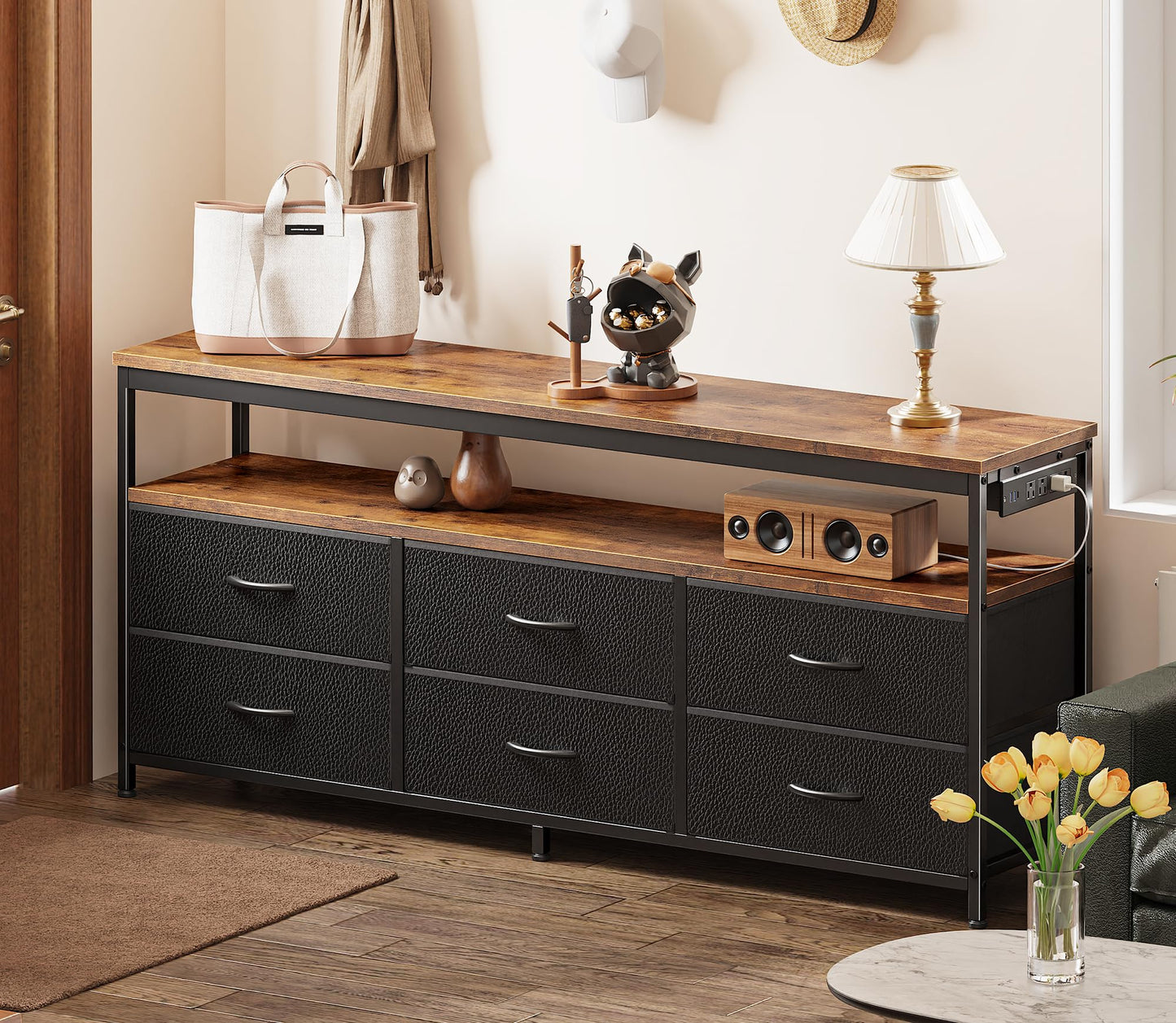 63" Black LED TV Stand with Power Outlets – Long Dresser Entertainment Center