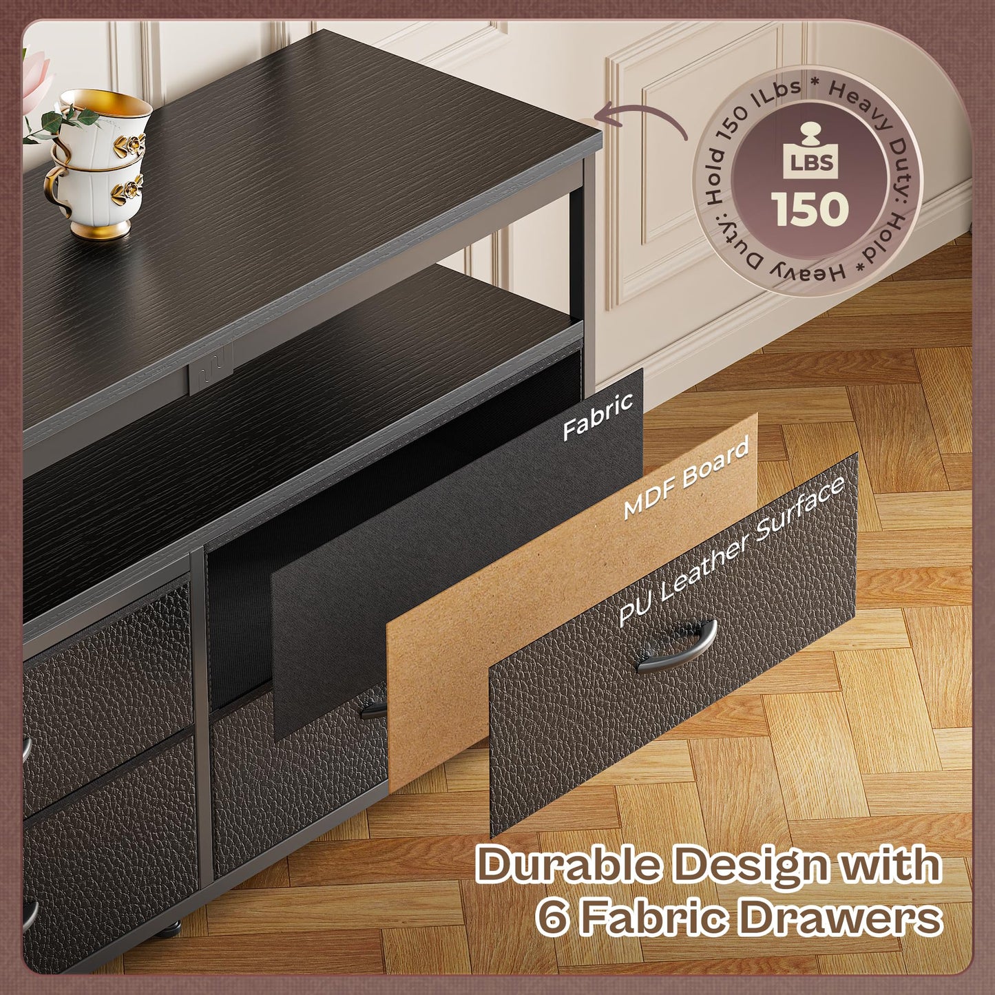 63" Black LED TV Stand with Power Outlets – Long Dresser Entertainment Center