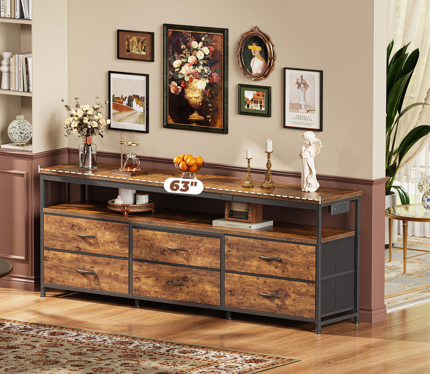 63" Black LED TV Stand with Power Outlets – Long Dresser Entertainment Center