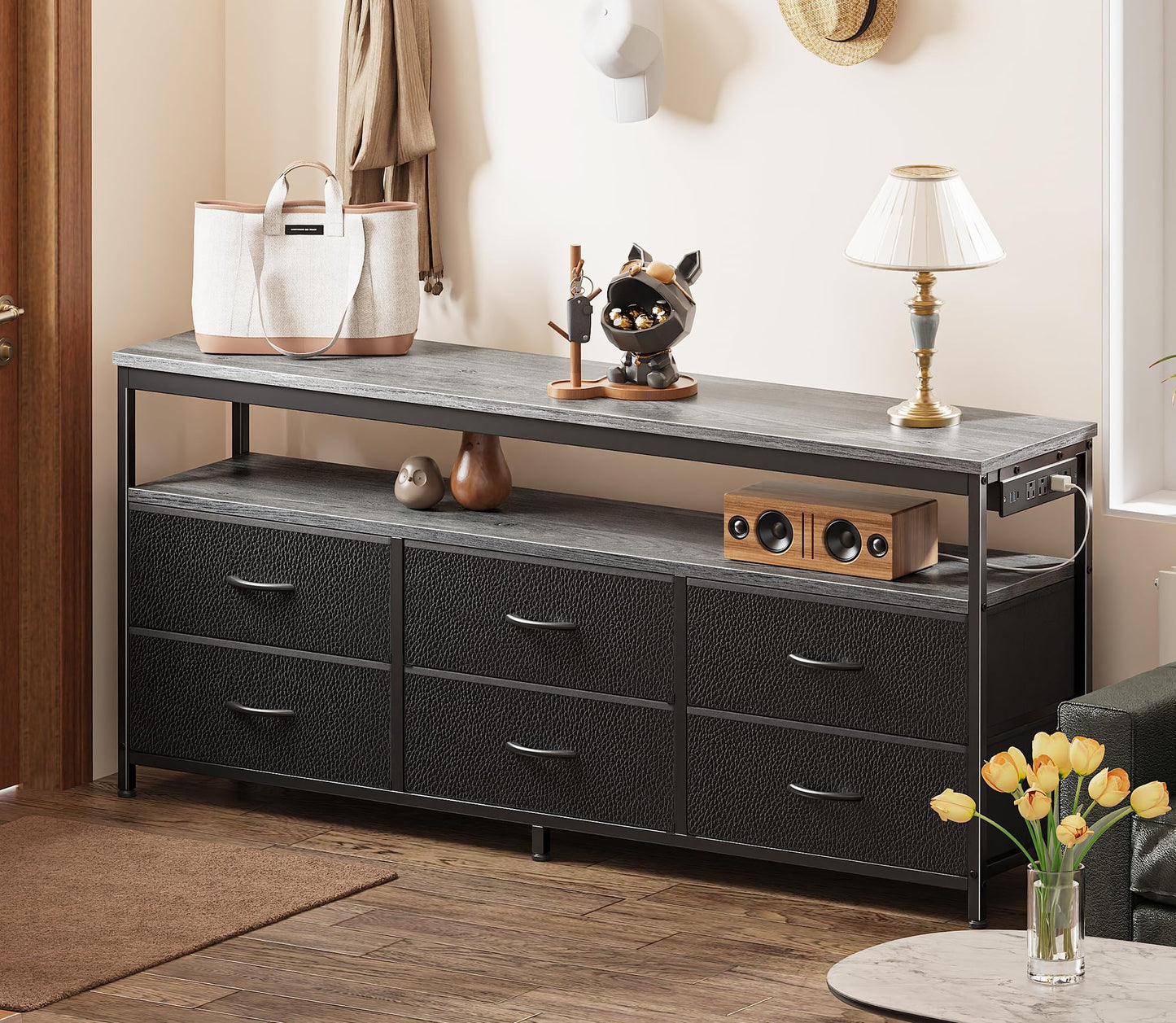 63" Black LED TV Stand with Power Outlets – Long Dresser Entertainment Center