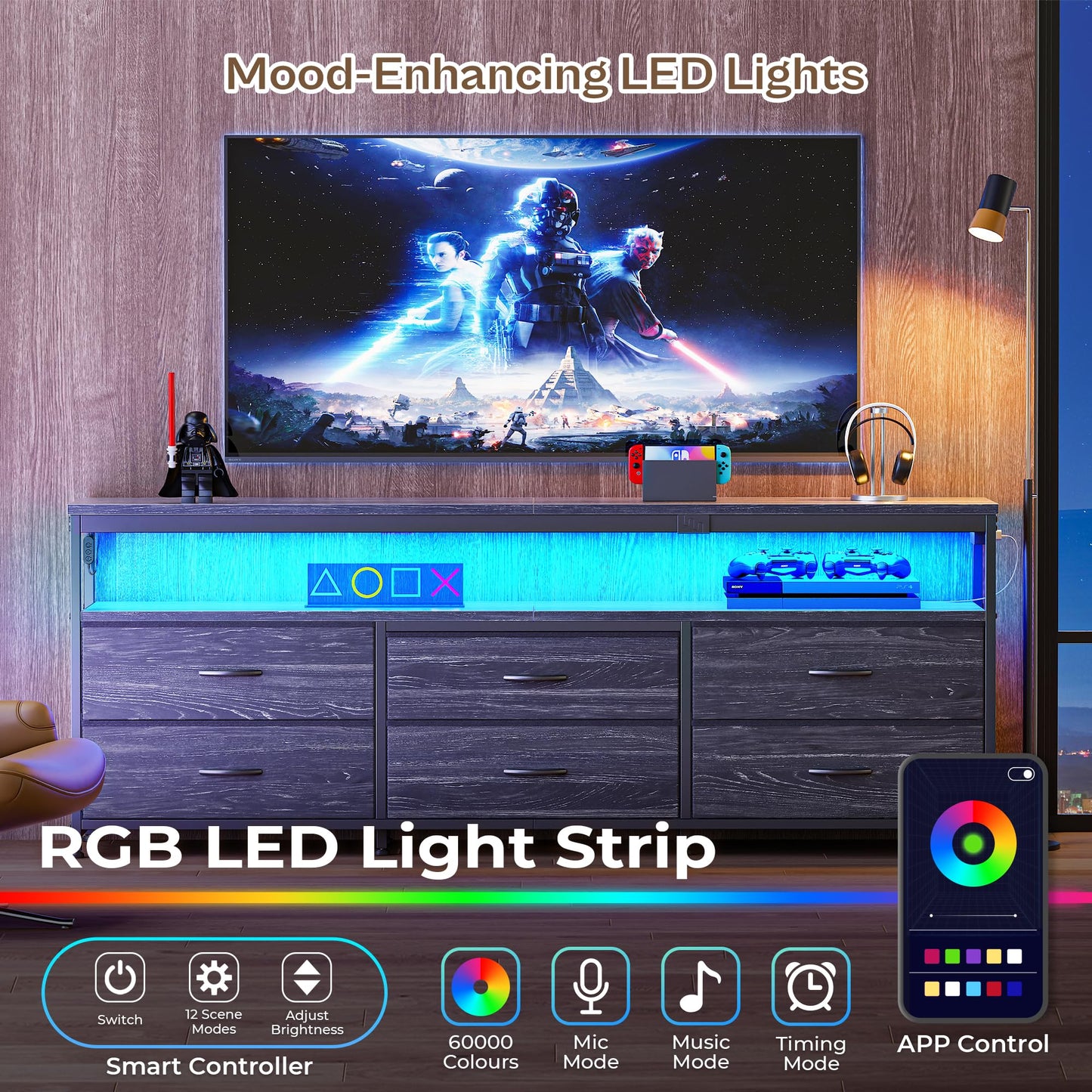 63" Black LED TV Stand with Power Outlets – Long Dresser Entertainment Center