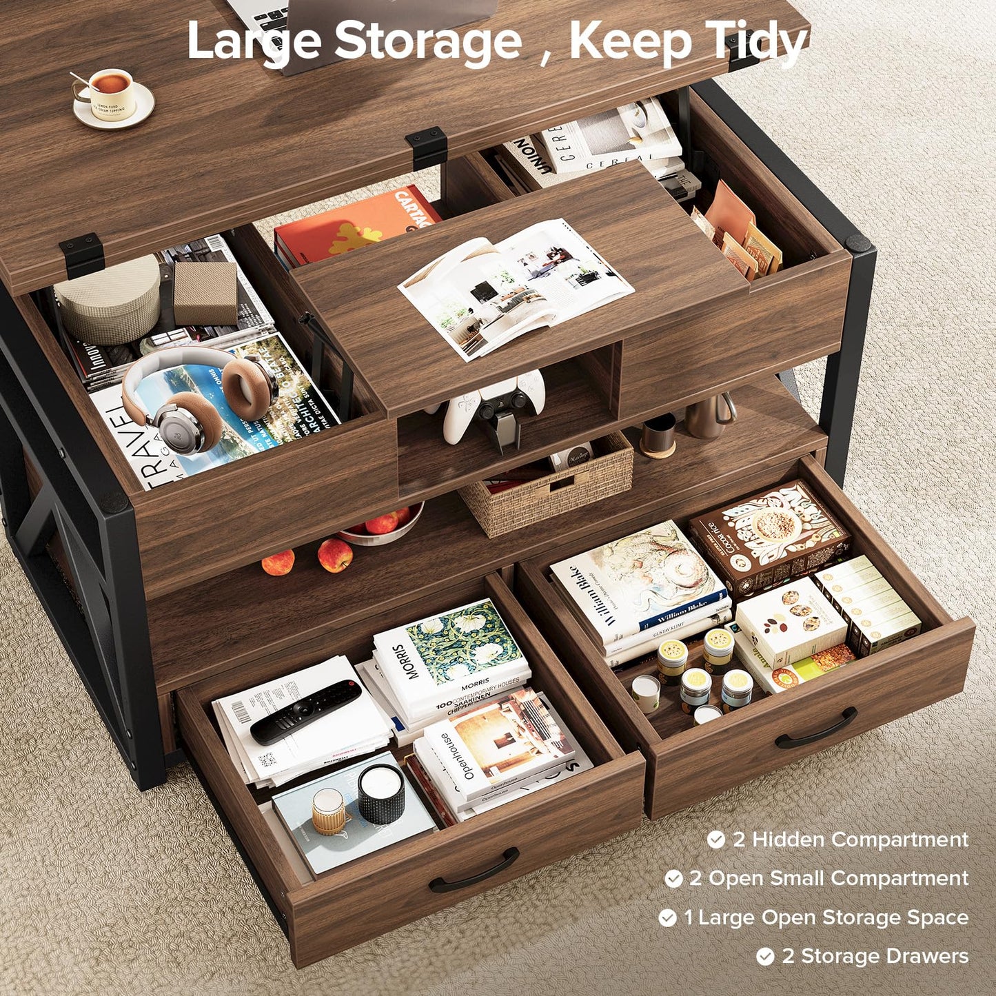 40" Lift Top Coffee Table,4 in 1 Multi-Function Lift Coffee Tables with Storage Drawers