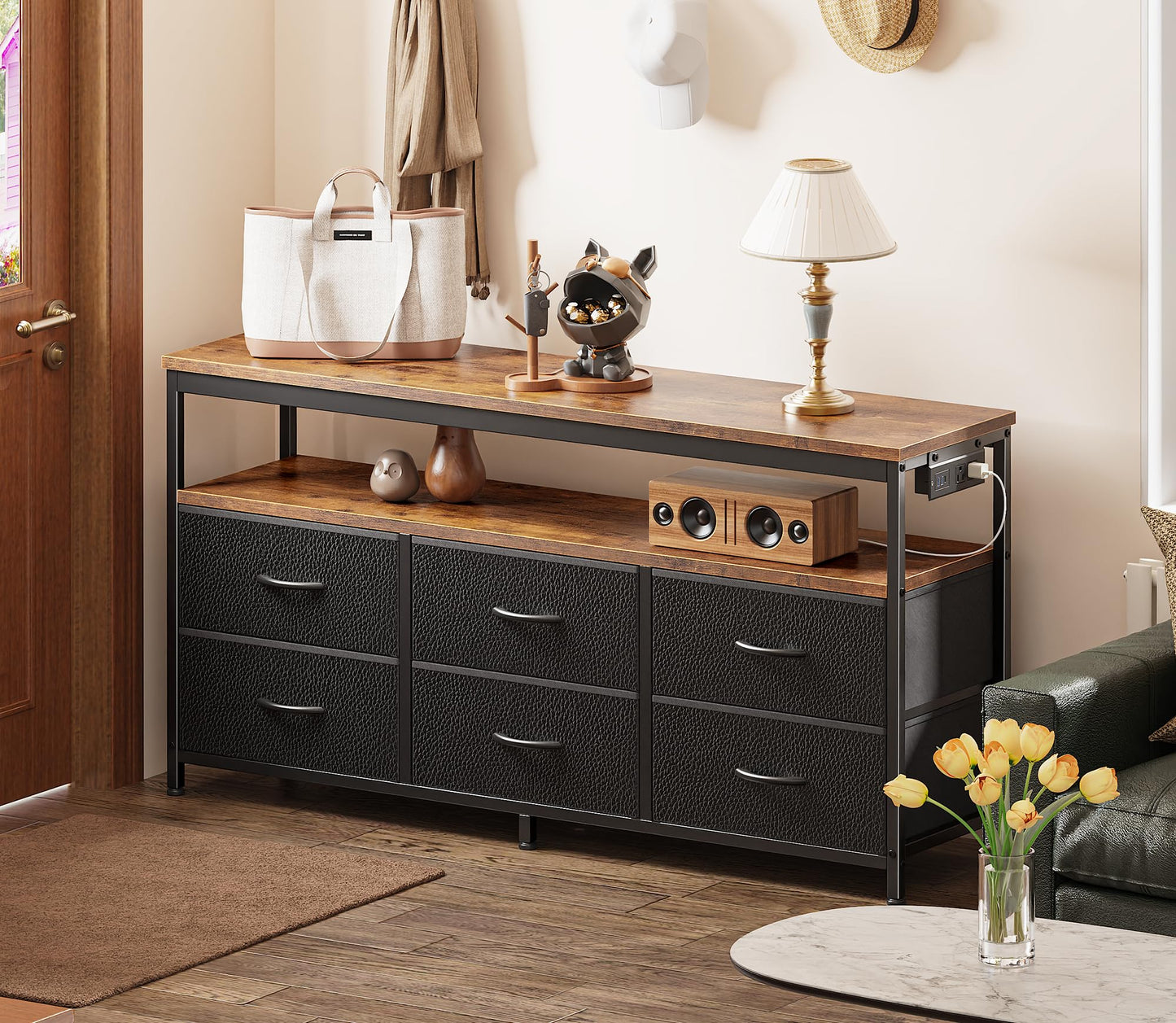 63" Black LED TV Stand with Power Outlets – Long Dresser Entertainment Center