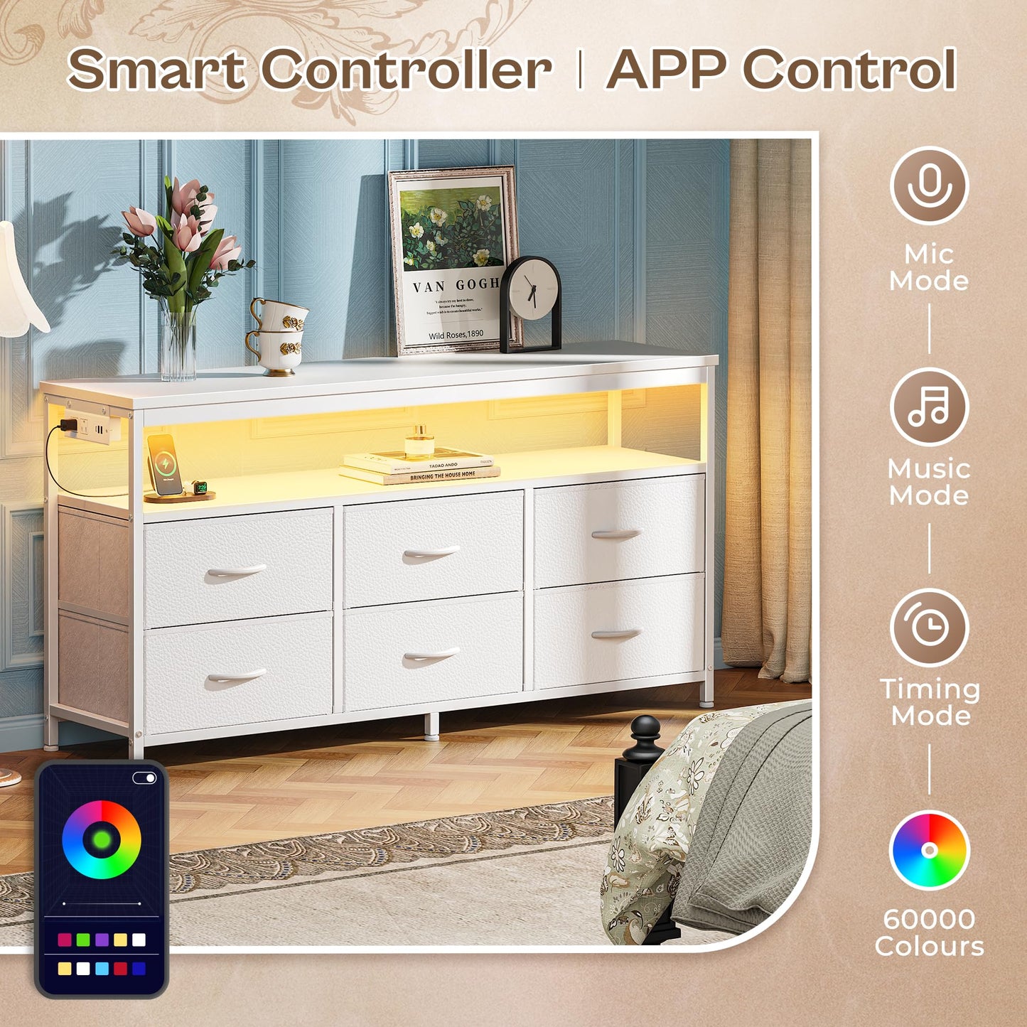 63" Black LED TV Stand with Power Outlets – Long Dresser Entertainment Center