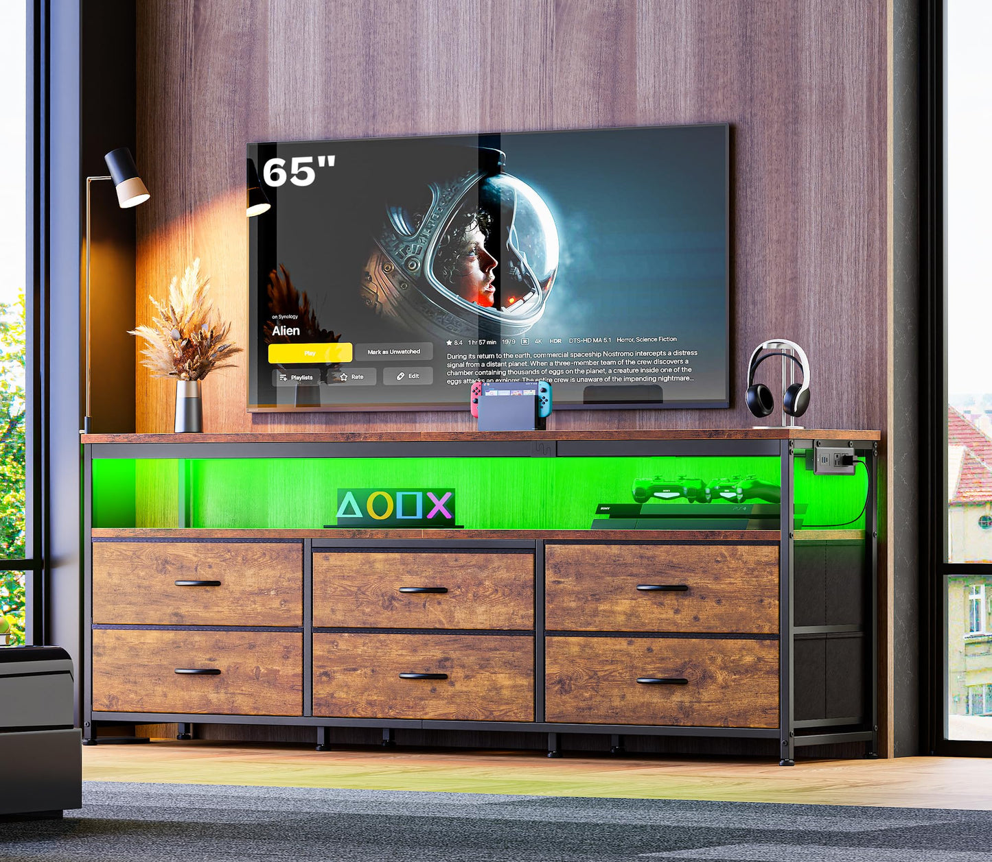 63" Black LED TV Stand with Power Outlets – Long Dresser Entertainment Center