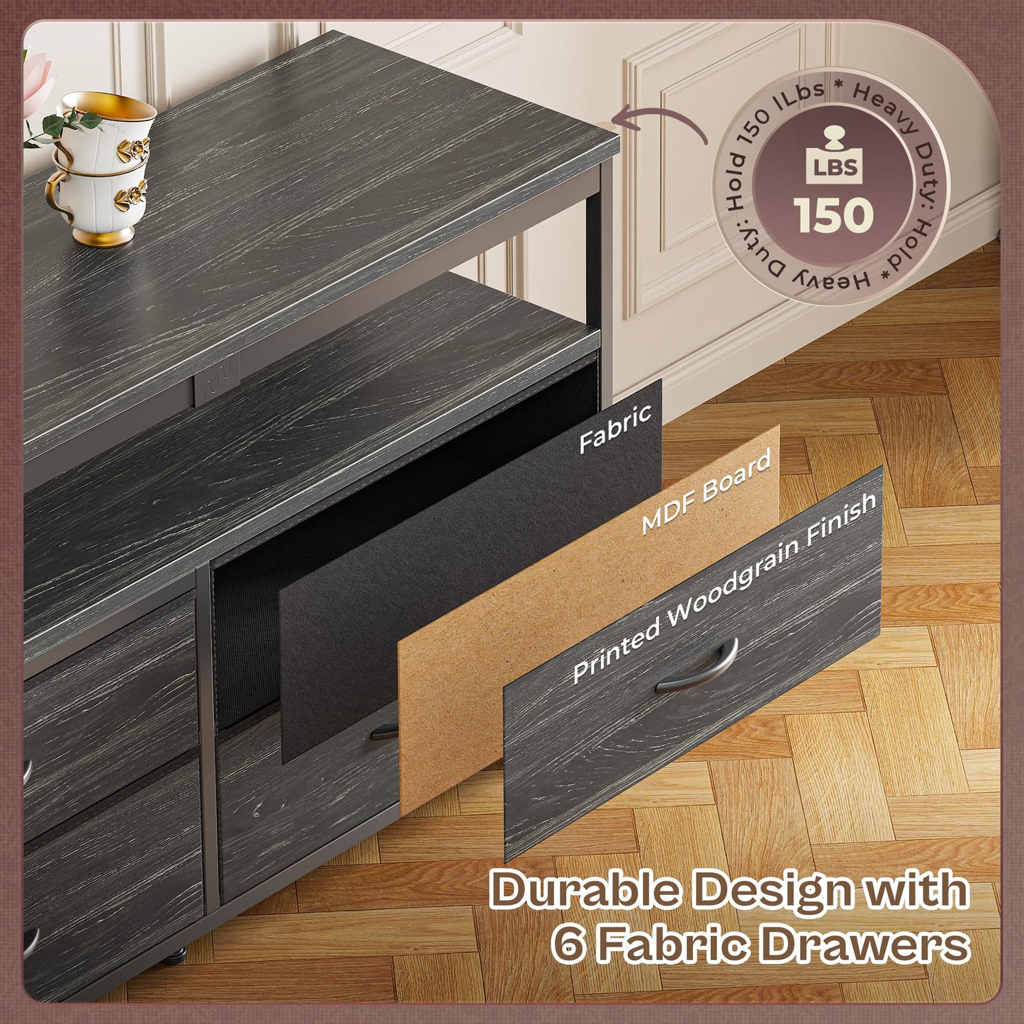 63" Black LED TV Stand with Power Outlets – Long Dresser Entertainment Center