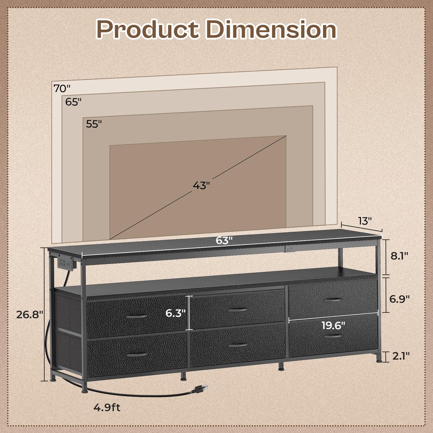 63" Black LED TV Stand with Power Outlets – Long Dresser Entertainment Center