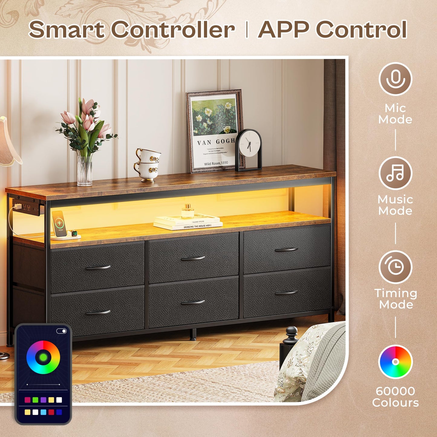 63" Black LED TV Stand with Power Outlets – Long Dresser Entertainment Center