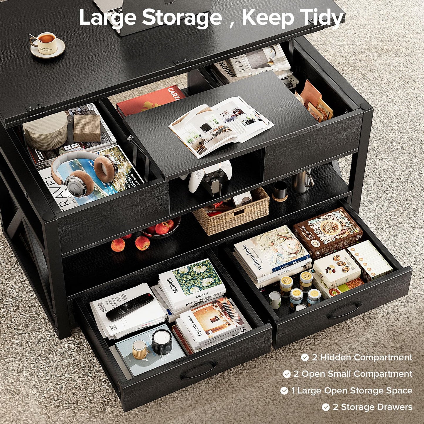 40" Lift Top Coffee Table,4 in 1 Multi-Function Lift Coffee Tables with Storage Drawers