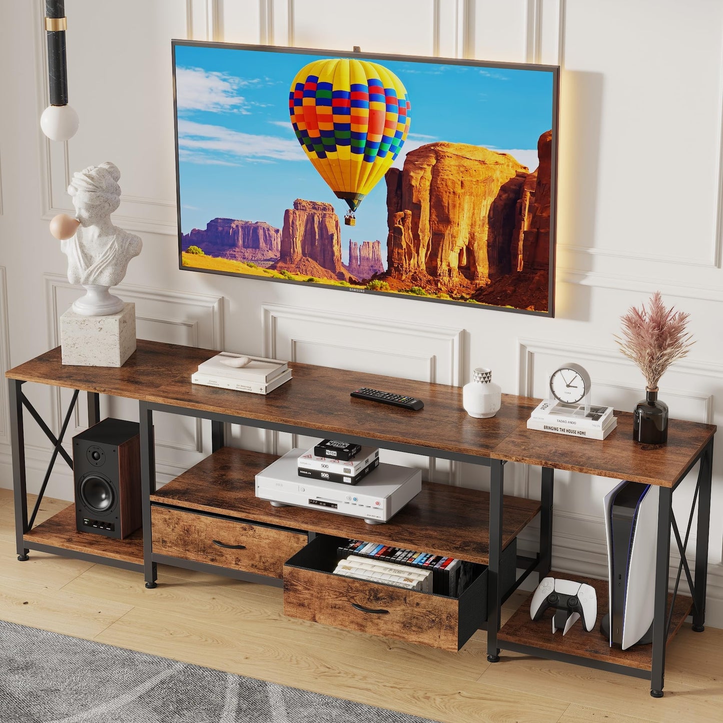 63" Rustic Brown TV Stand for 65–75 Inch TVs – Industrial Entertainment Center with Fabric Drawers