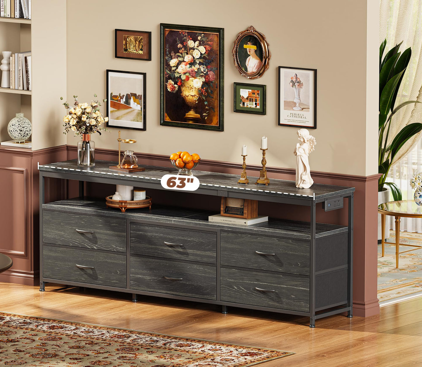 63" Black LED TV Stand with Power Outlets – Long Dresser Entertainment Center