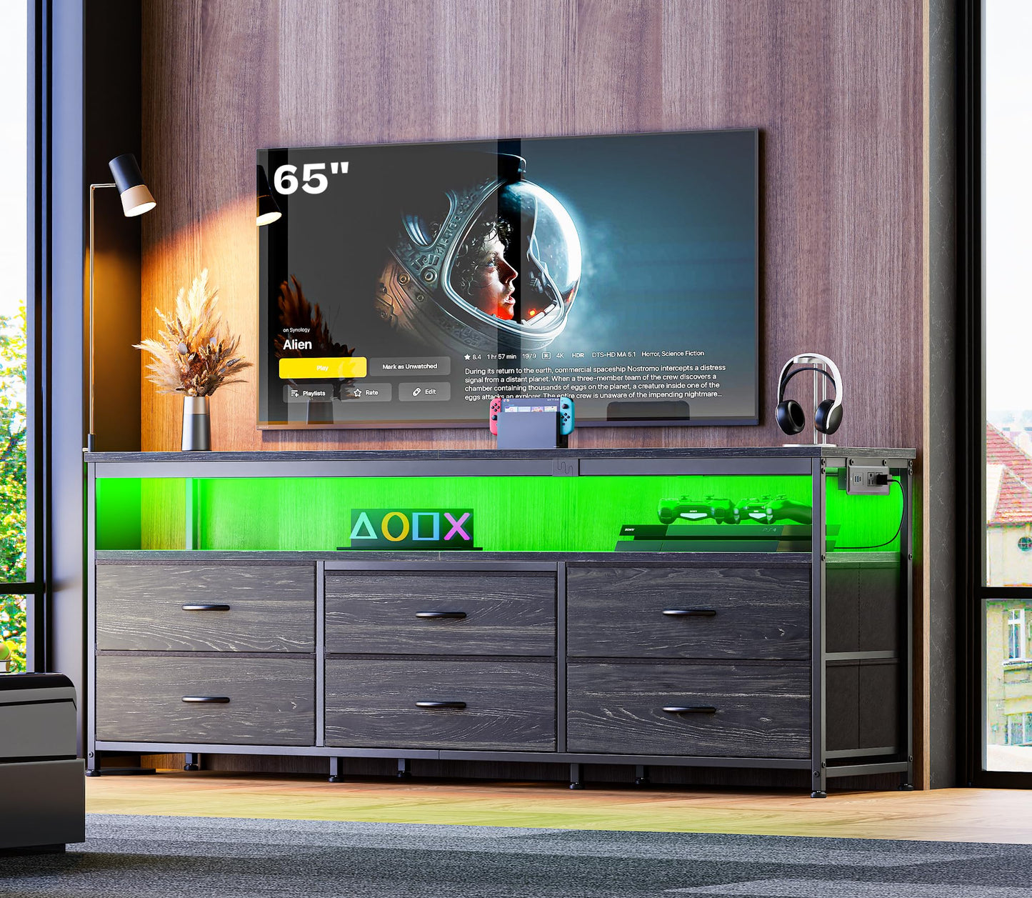 63" Black LED TV Stand with Power Outlets – Long Dresser Entertainment Center