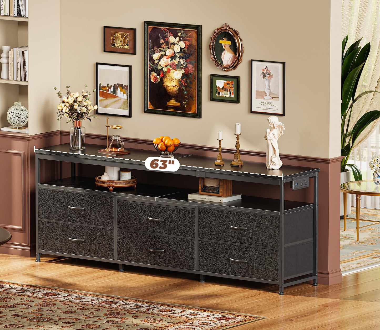 63" Black LED TV Stand with Power Outlets – Long Dresser Entertainment Center