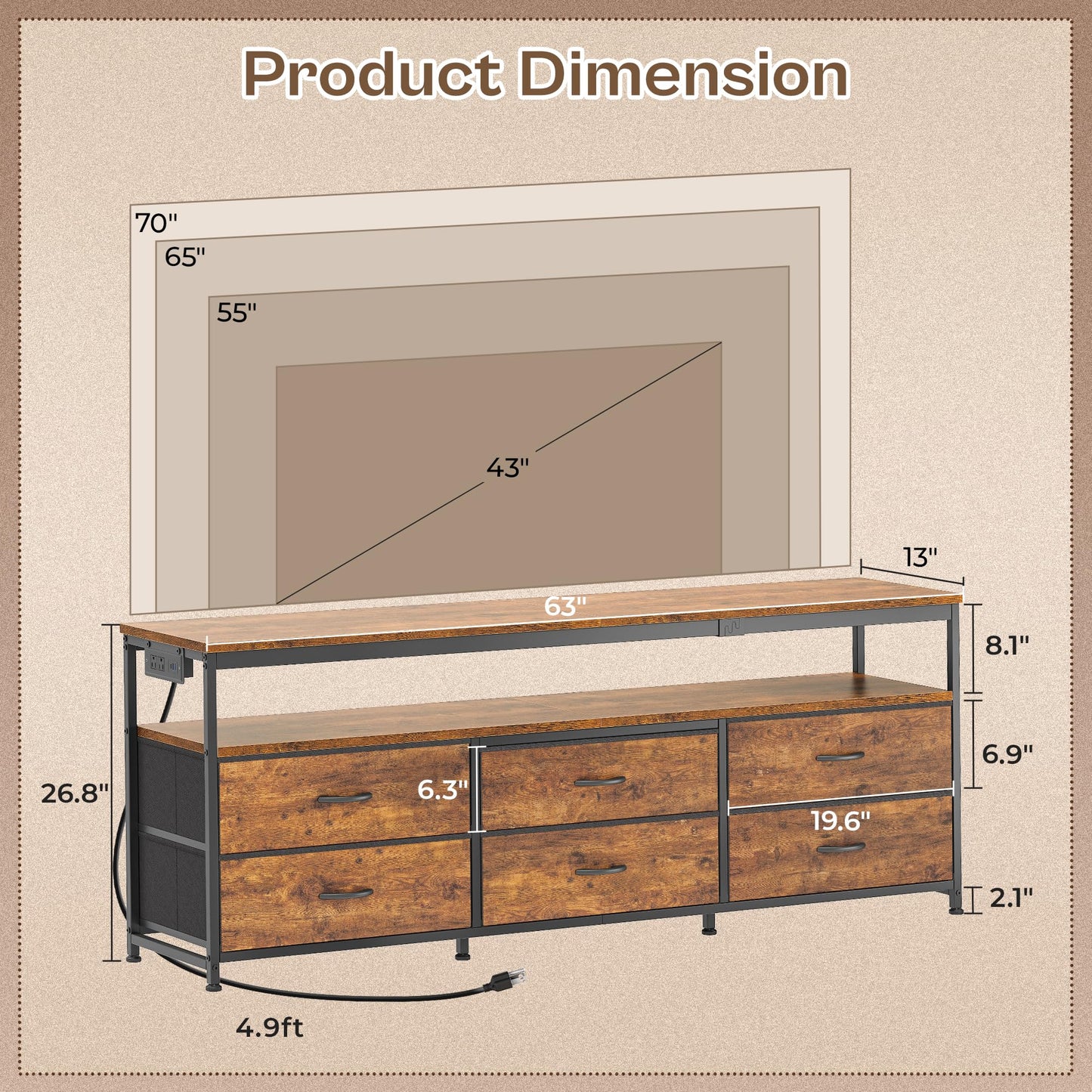 63" Black LED TV Stand with Power Outlets – Long Dresser Entertainment Center