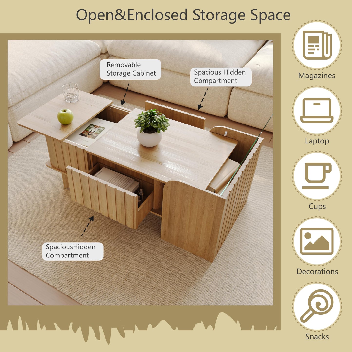 Extendable Coffee Table with Side Table,Reversible Living Room Table with Lifting