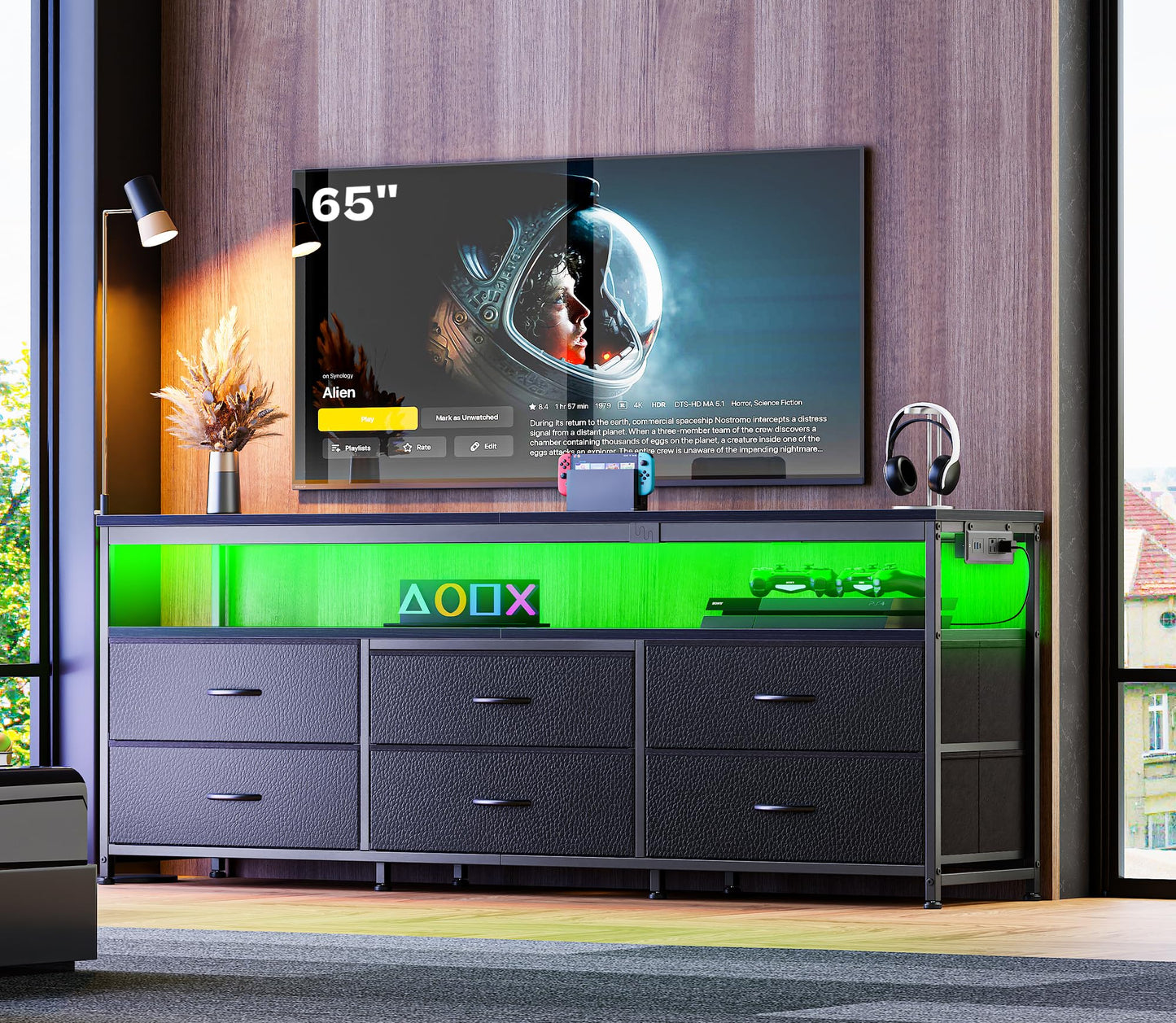 63" Black LED TV Stand with Power Outlets – Long Dresser Entertainment Center