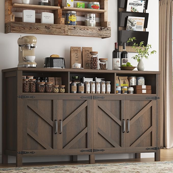 Buffet Sideboard with Storage Farmhouse with 4 Doors, 55'' Large Kitchen Storage