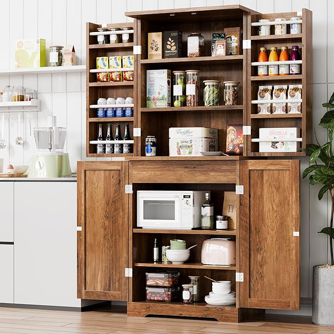 Kitchen Pantry Storage Cabinet with Barn Doors, Drawer and Adjustable Shelves,