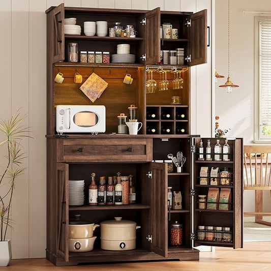 71" Pantry Cabinet, Kitchen Pantry Storage Cabinet with Outlet & LED Light, Farmhouse Kitchen