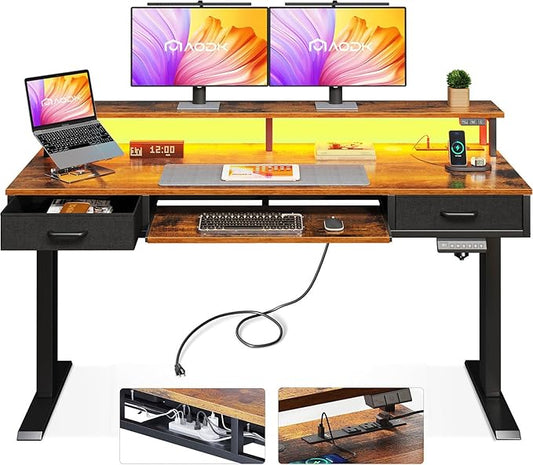 Electric Standing Desk with Drawers & Keyboard Tray, 55 Inch Height Adjustable