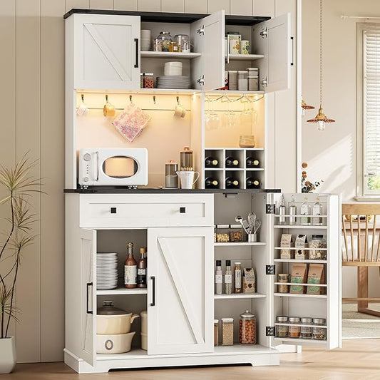 71" Pantry Cabinet, Kitchen Pantry Storage Cabinet with Outlet & LED Light, Farmhouse Kitchen