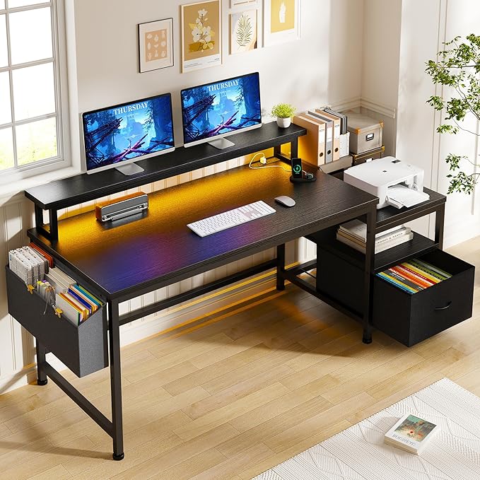57" Office Desk with Drawers and Printer Space,Computer Desk with Power Outlets