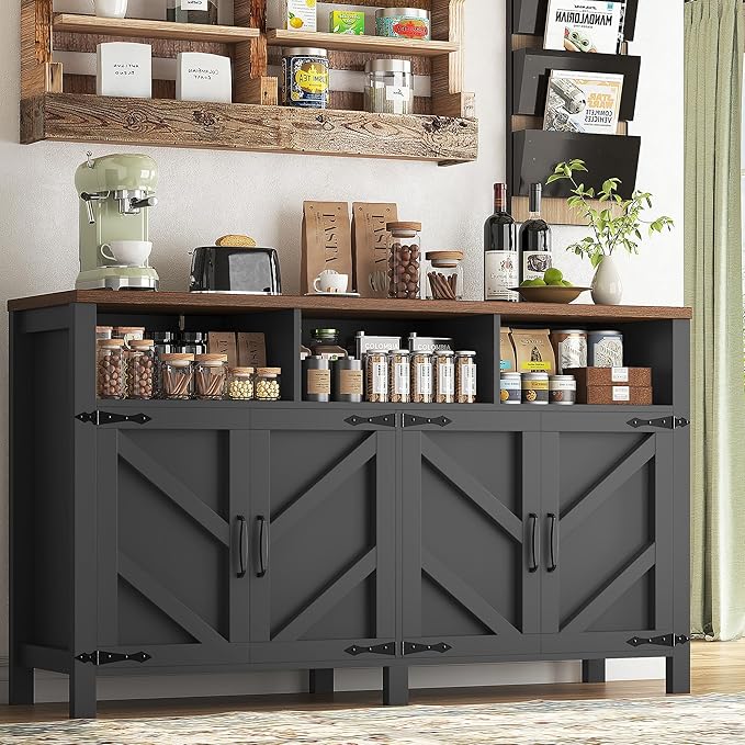 Buffet Sideboard with Storage Farmhouse with 4 Doors, 55'' Large Kitchen Storage