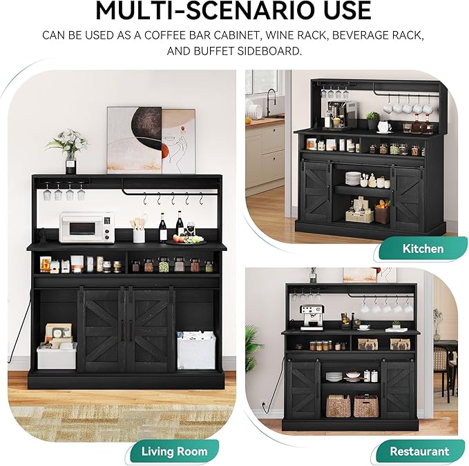 47" Coffee Bar with Goblet Holder & Power Outlet, Buffet Cabinets with Storage,