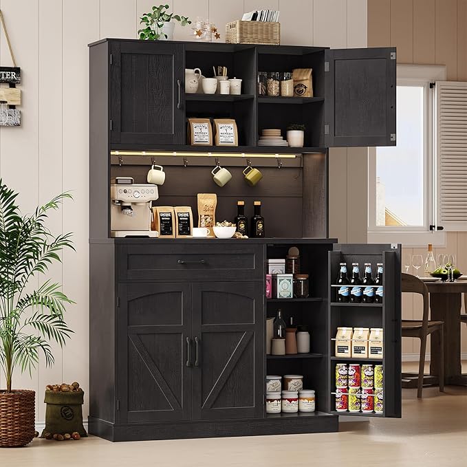 71" Pantry Cabinet, Kitchen Pantry Storage Cabinet with LED Light & Outlet, Kitchen Hutch