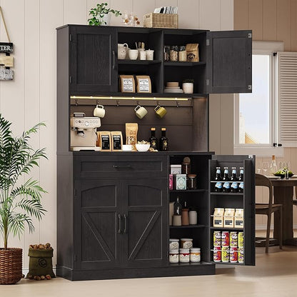 71" Pantry Cabinet, Kitchen Pantry Storage Cabinet with LED Light & Outlet, Kitchen Hutch