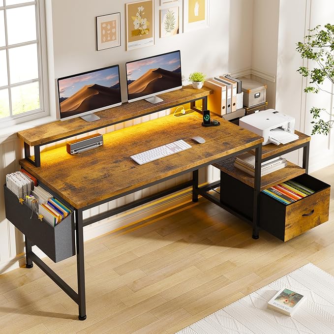 57" Office Desk with Drawers and Printer Space,Computer Desk with Power Outlets