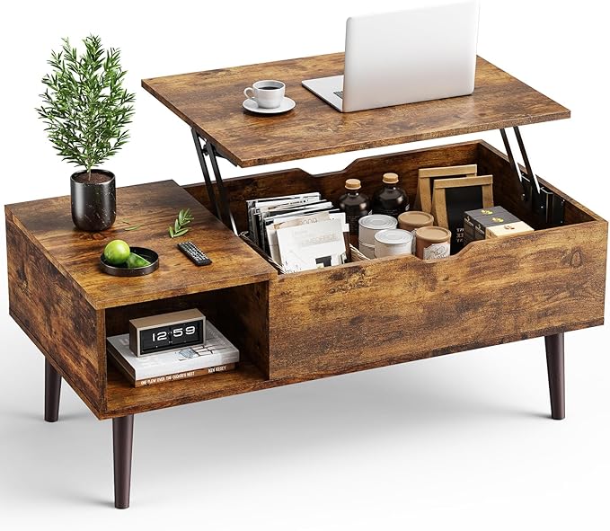 Wood Lift Top Coffee Table with Hidden Compartment and Large Storage Shelf,